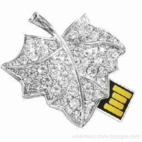 Jewelry Leaves Crystal Maple Leaf-shaped USB Flash Drive, 64MB to 128GB Memory Capacity